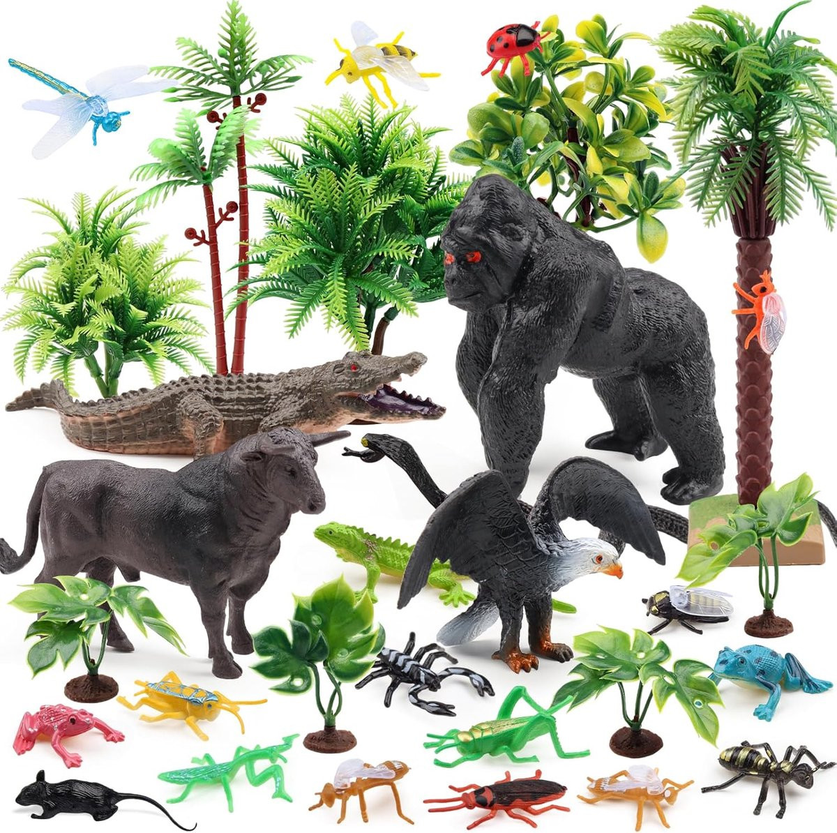 30 stuks Rainforest Dierfiguren Set met Gorilla, Vogel, Krokodil, Hagedis, Kikker, Slang en Insecten voor Diorama Projecten