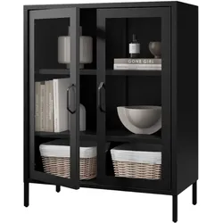 Jan Nowak Vitrinenschrank klein GINA 3 Ebenen Metall Glasvitrine Bücherschrank Büroschrank Aktenschrank Glasfenster Metallschrank 101,5x80x40cm Schwarz