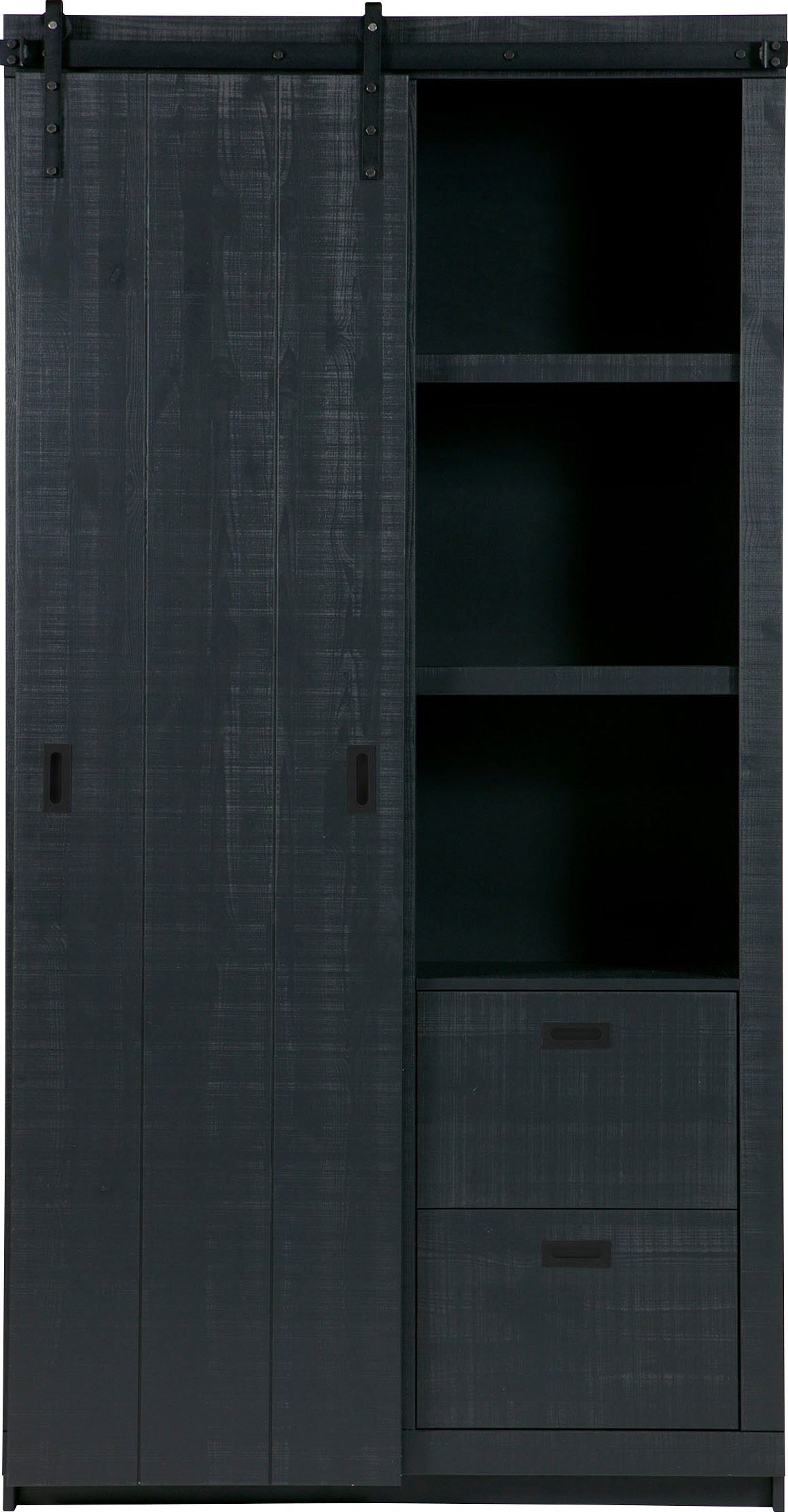 Vitrine WOOOD "Slide Barn FSC-Kiefernholz bandsägerauh, H 230 x B 122 x T 37 cm", schwarz, B:122cm H:230cm T:37cm, Holzwerkstoff, Schränke, Vitrine, Metallschiene für Schiebetür, pfleigleicht, lackierte Oberfläche schwarz B/H/T: 122cm x 230cm x 37cm