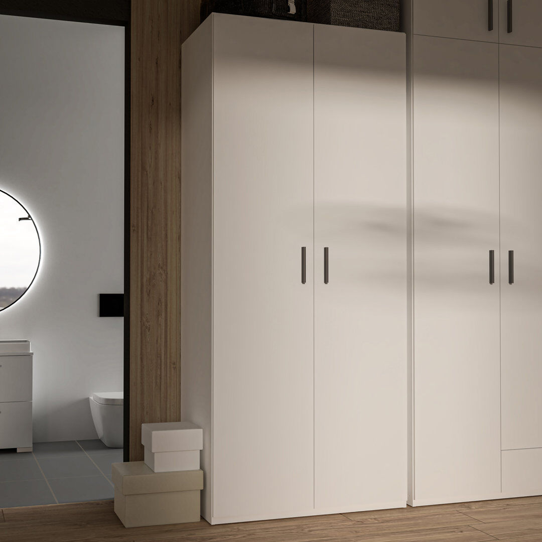 17 Stories Tariah Modern wardrobe with 2 doors, clothing rail and shelves, engineered wood, beige, 88.9 cm W x 210.5 cm H x 54.2 cm D Satin Black 210.5cm H X 88.9cm W X 54.2cm D