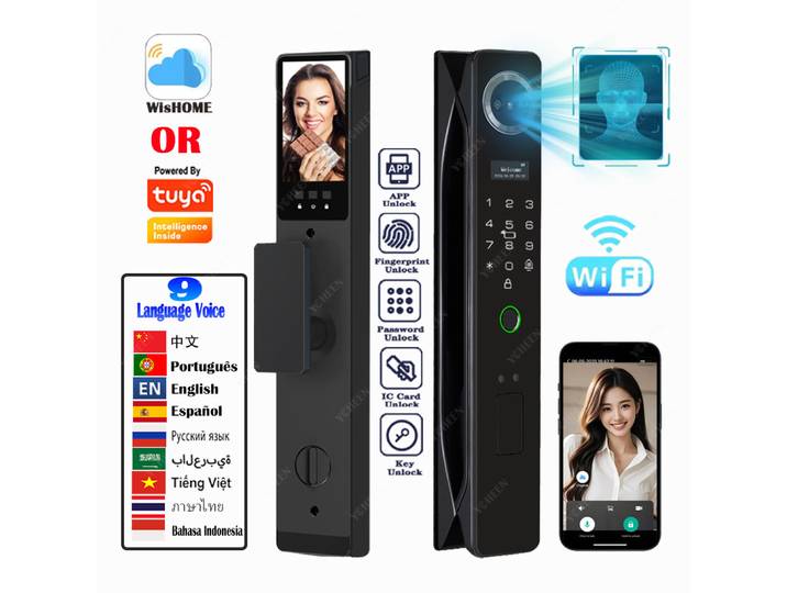 Caméra Wifi Tuya Wishome, serrure de porte électronique numérique, reconnaissance faciale et d'empreintes digitales, serrure intelligente, carte sans clé, serrure intelligente sécurisée