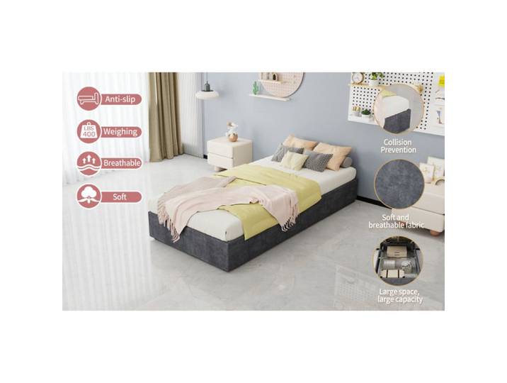 VUENOR Lit coffre 90x200 cm gris en tissu velours – rangement relevable sans matelas