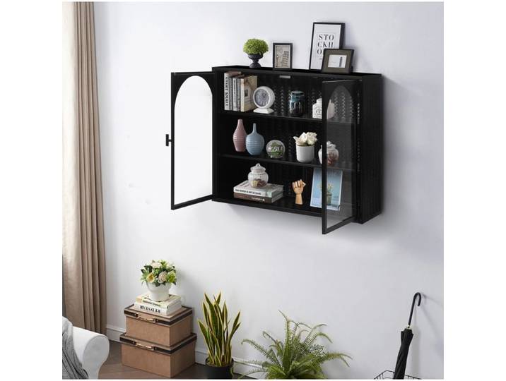 VUENOR Vitrine murale 70x23x60 cm noire - 2 portes 3 etageres metal et verre