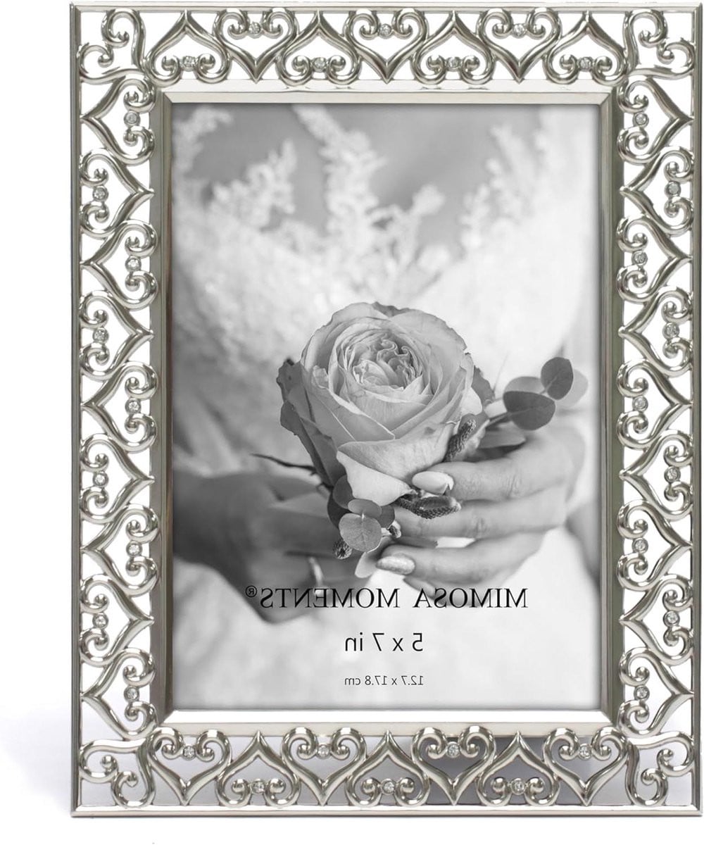 Zilveren metalen fotolijst met hartrand en strass decoratie, 5x7 inch