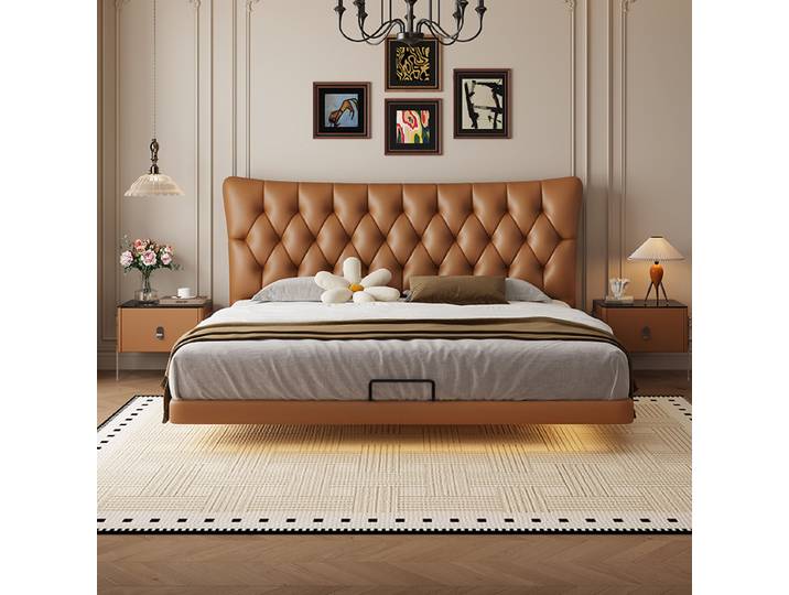 Lit Double suspendu italien 200x200cm, minimaliste, luxe français, lit flottant avec lampe, meubles de chambre principale en cuir