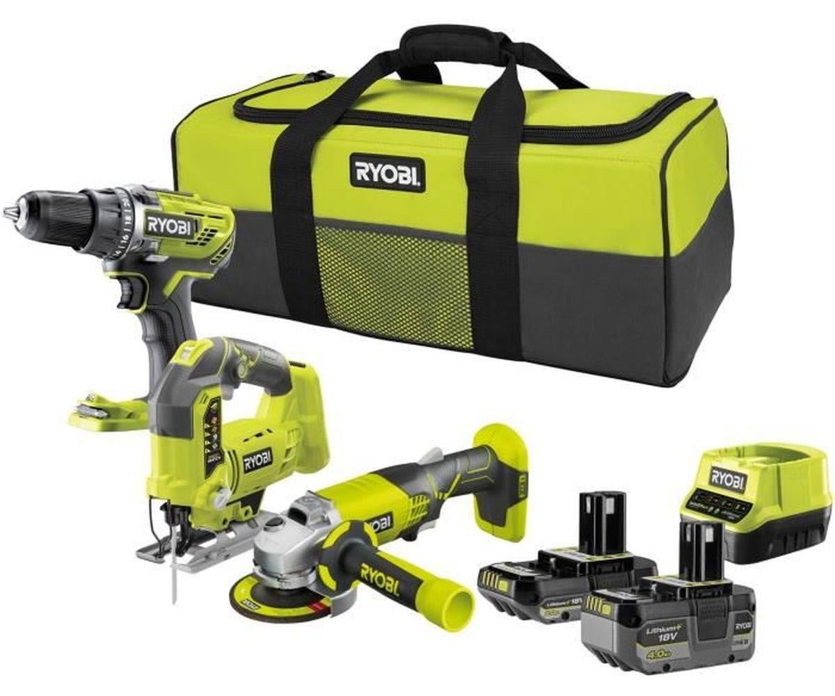 Ryobi 3-delige gereedschapsset met boormachine, haakse slijper en decoupeerzaag inclusief 2x 4 Ah en 2x 2 Ah accu's, oplader en opbergtas