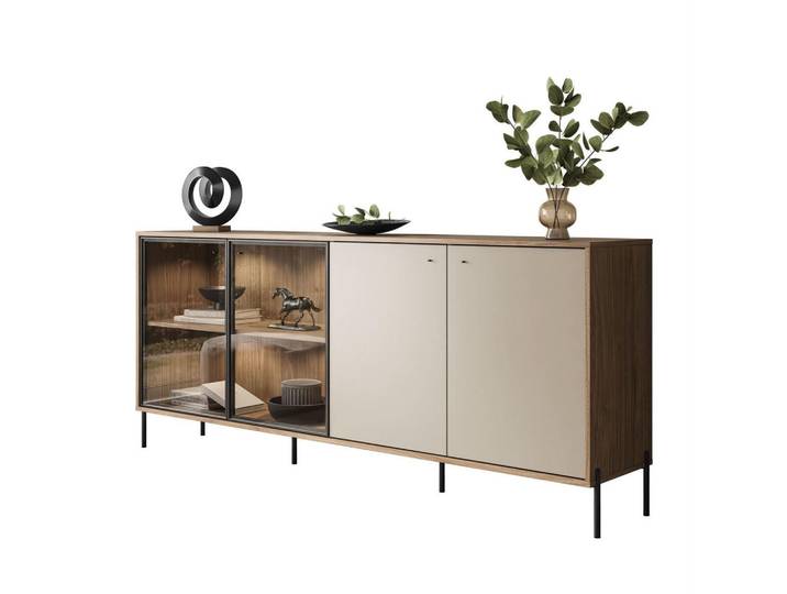 Lookway Kommode ISA 4D, viertürig mit LED-Beleuchtung auf hohen Beinen., Eichefarben, 200x85x40 cm, Kleinmöbel, Kommoden, Kommoden