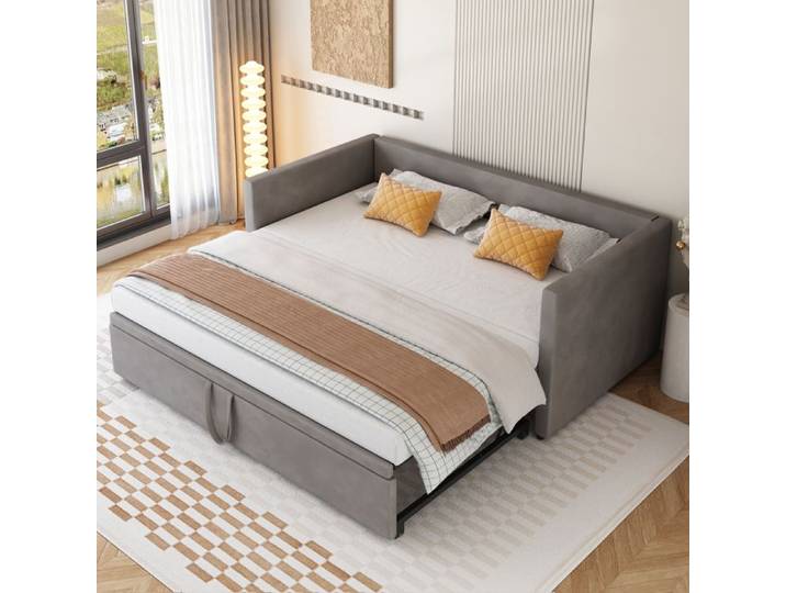 Lit gigogne - Canapé-lit - 90/180x200 cm - Velours - Gris - 2 places
