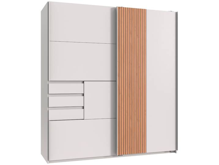 Schwebetürenschrank WIMEX Coburg, Kleiderschrank Made in Germany , weiss (weiß, akustiklamellen nachbildung artisan eiche nachbildung), B:180cm H:198cm T:65cm, Holzwerkstoff, Schränke, Schwebetürenschrank, mit Akustikpaneel Optik oder Holzoptik eichefarben, 180cm breit