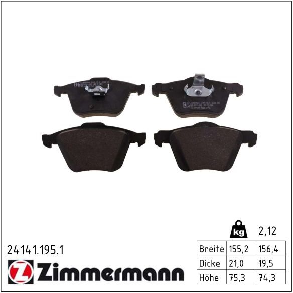Zimmermann Bremsbelagsatz, Scheibenbremse 241411951 Vorderachse Für Volvo Asia