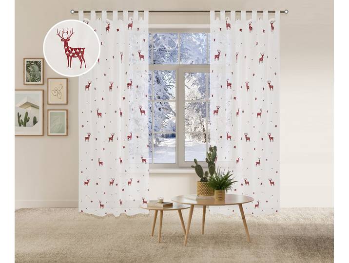 Gardine GOODPRODUCT Elch, 1 Stück, Schlaufen, transparent, Weihnachtlich bestickt Gr. 3, rot, B:140cm H:225cm, Voile, Polyester, Gardinen, Gardine, 1 Schal, Mit Rentieren, Sternen und Schneeflocken bestickt