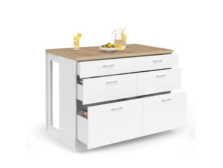IDMarket - Mittelinsel ORSO 120 cm mit 6 Schubladen weiß mit Arbeitsplatte aus Buche