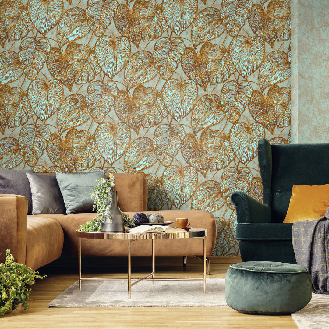 Marlow Home Co. Thaler Large Shimmery Monstera Leaf 8.5m x 70cm Wallpaper Roll Gold/Light Blue