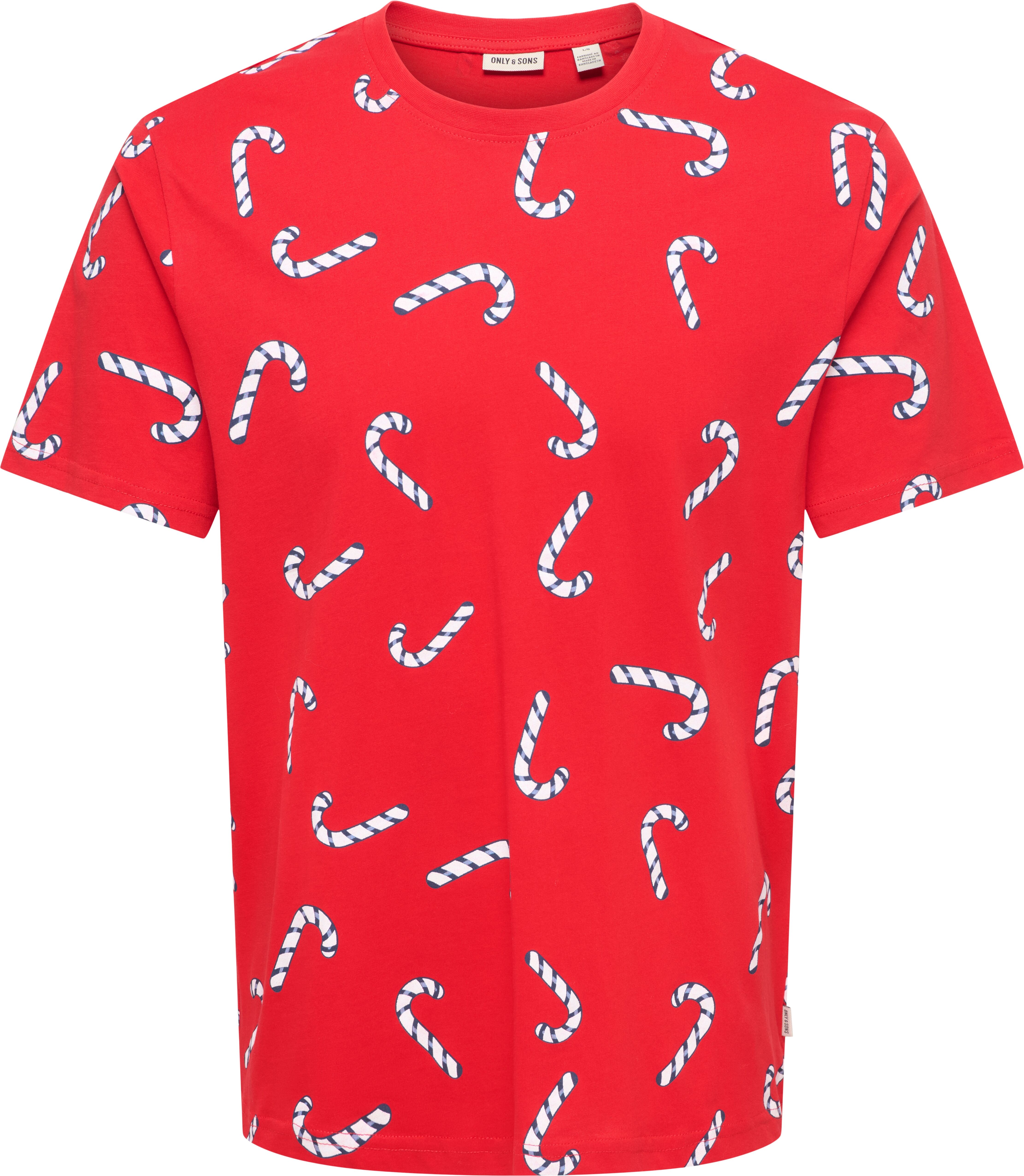 T-Shirt ONLY & SONS "ONSKLAUS REG SS TEE", Herren, Gr. L, rot (adrenaline rush aop:candy cane), Jersey, Obermaterial: 100% Baumwolle, bedruckt, regular fit, Rundhals, Shirts T-Shirt adrenaline rush aop:candy cane L