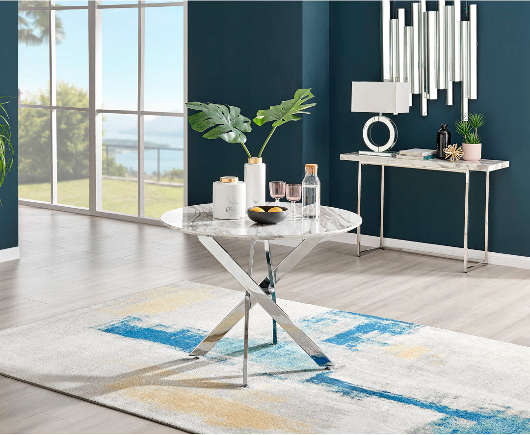 Canora Grey Eubanks Luxury Metal and Marble Effect Round Dining Table - Modern Statement Design Silver 75 x 100 x 100cm,Silver