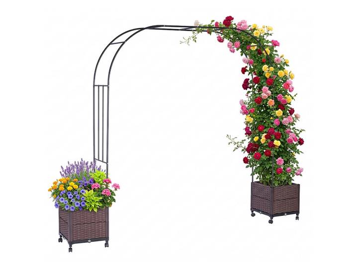 Relaxdays Rosenbogen Schwarz Braun mit 2 Pflanzkübeln, Mehrfarbig, Metall, Kunststoff, 282x210x40 cm, Dekoration, Gartendeko