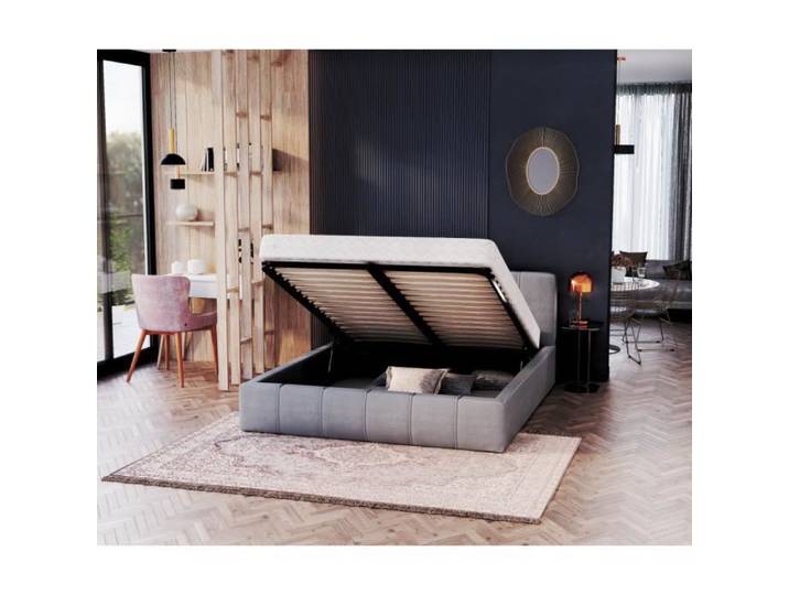 Lit coffre 140x190 cm en velours Gris Clair avec sommier relevable et coffre de rangement - ATLANTA