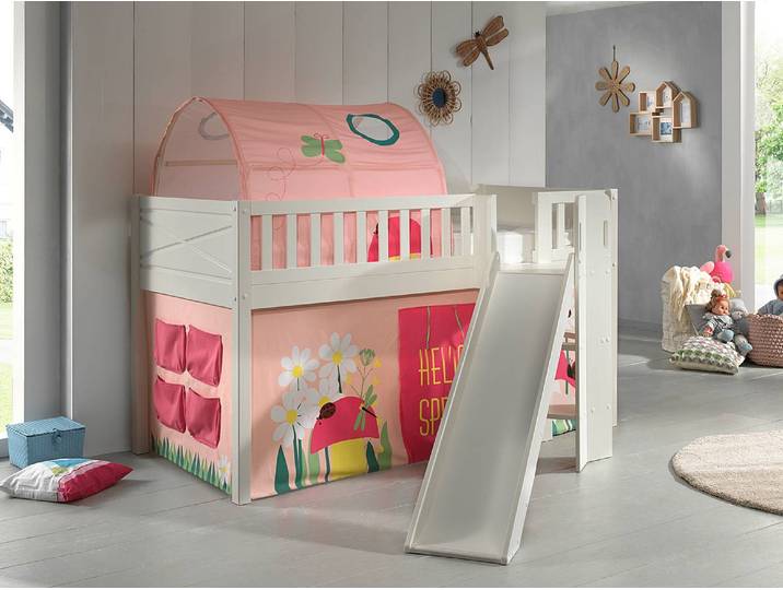 Spielbett mit Rutsche 90 x 200cm Weiß/Apricot mit Tunnel/mit Vorhang