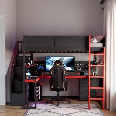 Twin Gaming Loft Bed with Storage Stairs, Desk, Shelves & Pegboard, Wooden Esports Design Frame