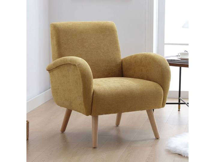 Wahson Fauteuil de Salon Moderne d'Adulte en Chenille avec Pied Bois Fauteuil Scandinave Rembourré Fauteuil Relax Jaune