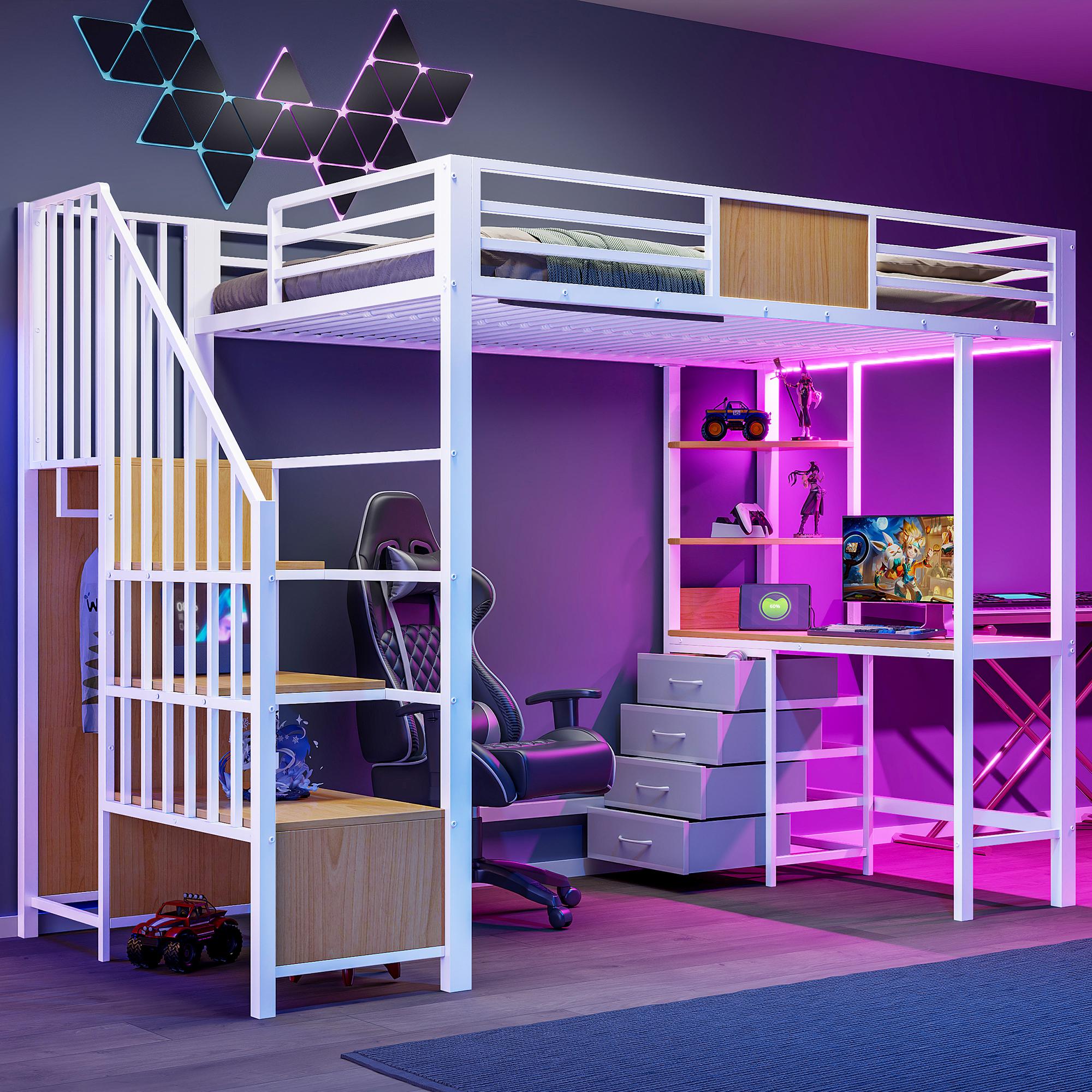 Merax Etagenbett Kinderbett 90x200cm mit Schreibtisch und Ablagefächern, Kleiderstange, Metall-Hochbett mit LED-Beleuchtung und Steckdose, Weiß