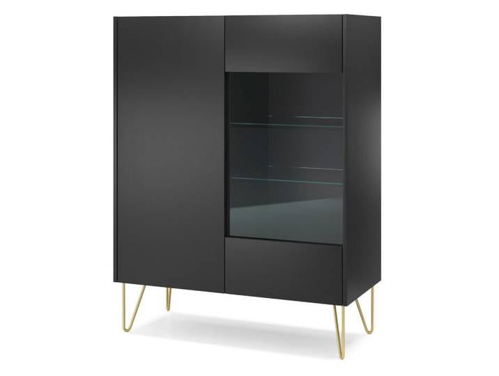 Komodee Vitrine Canmore Wt97, Schwarzgraphit, Marmor Schwarz, Schwarz, Graphitfarben, Metall, 4 Fächer, 97x123x37 cm, Esszimmer, Vitrinen, Vitrinenschränke
