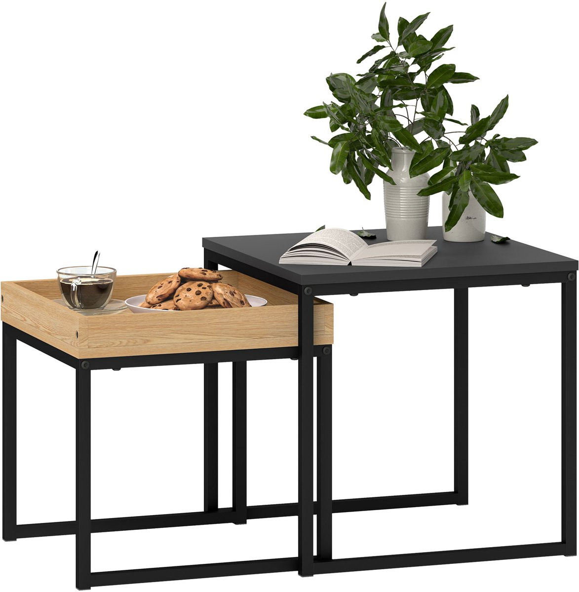 Homcom Salontafelset met nested tops in zwart staal, B/D/H: 45 x 45 x 45 cm