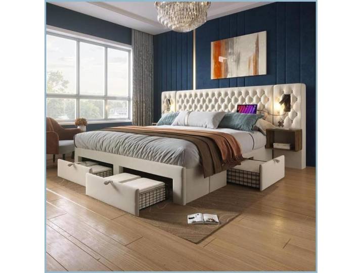 Set Complet de Lit 160x200 cm - Polsterbett Velours Beige avec 2 Nightstands 4 Tiroirs & Lampes USB (Sans Matelas)