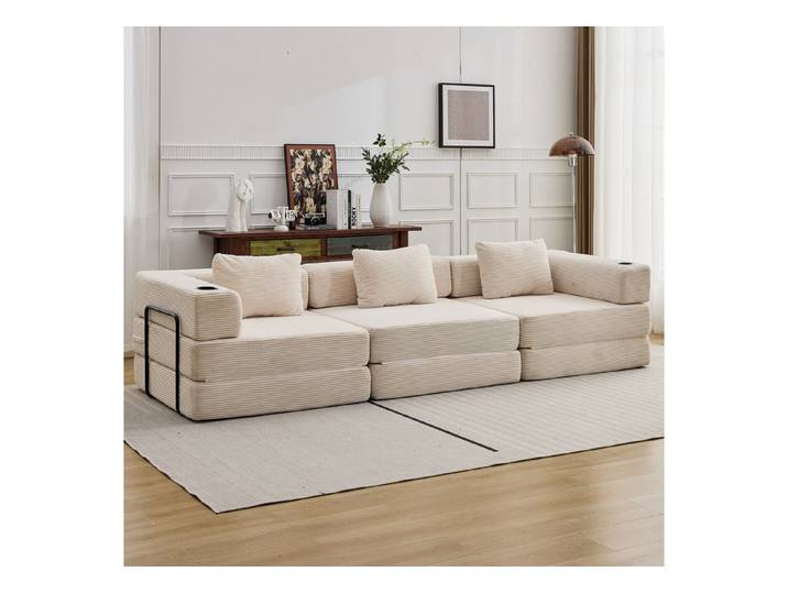 Vankel Sofa Sofas Wohnzimmer, 3-Sitzer Sofa mit Bettfunktion aus Cord, Modulares Schlafsofa, flexibel und bequem mit Kissen