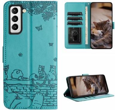 Inspired Deals Cute Cat Embossed Wallet Phone Case For Samsung Galaxy With Card Holder And Lanyard For Samsung Galaxy S22+ blue
