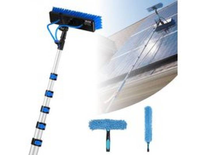 VEVOR Teleskop Waschbürste für Solarpanel, Photovoltaik Reiniger inkl. 2,3-12m Alu-Teleskop 20m Wasseranschluss 180° Bürste Abzieher Seifenspender, Reinigungsset für Solaranlage Fenster Terrassendach