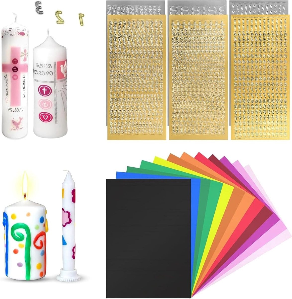 Set van 18 DIY Kaarsen met 12 Kleuren Wasplaten, 6 Wasletters en Cijfers voor Persoonlijke Doopkaarsen en Tattoos