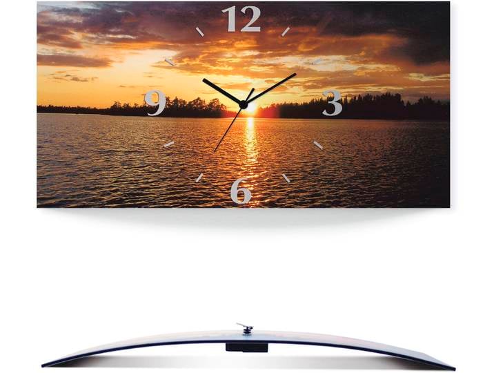 Wanduhr ARTLAND Sonnenuntergang am See , orange, B:60cm H:30cm T:0,3cm, Wanduhren, Wanduhr, wahlweise mit Quarz- oder Funkuhrwerk, lautlos ohne Tickgeräusche