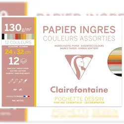 Clairefontaine 10x Ingres Pastellpapier, Zeichenpapier 24x32 cm 130g, Packung mit 12 Bogen in verschiedenen Farben - Pastellfarben sortiert 96775C