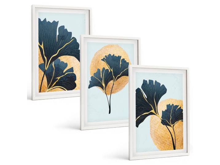 BILDER SET 3er Set - 40x60 cm Weißer Rahmen - Ginkgoblätter, heller Hintergrund