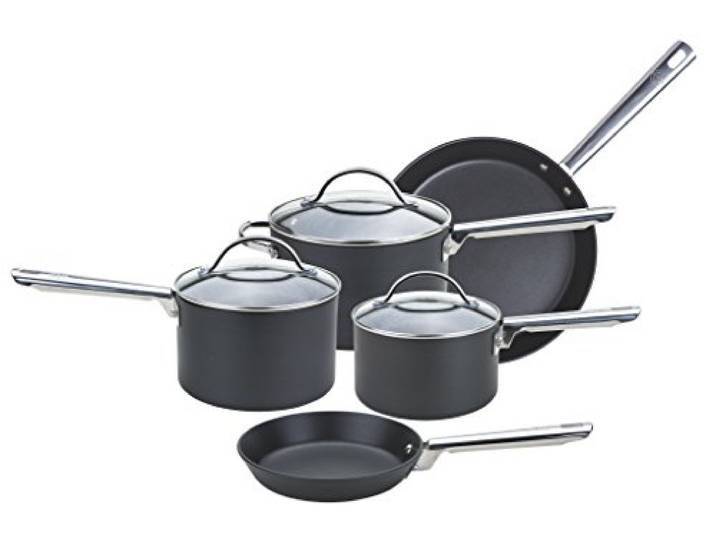 Anolon Professional Premium Harteloxiertes Aluminium Antihaftbeschichtung Kochtopf Und Bratpfanne mit Glasdeckeln 5-Teiliges Set, Schwarz