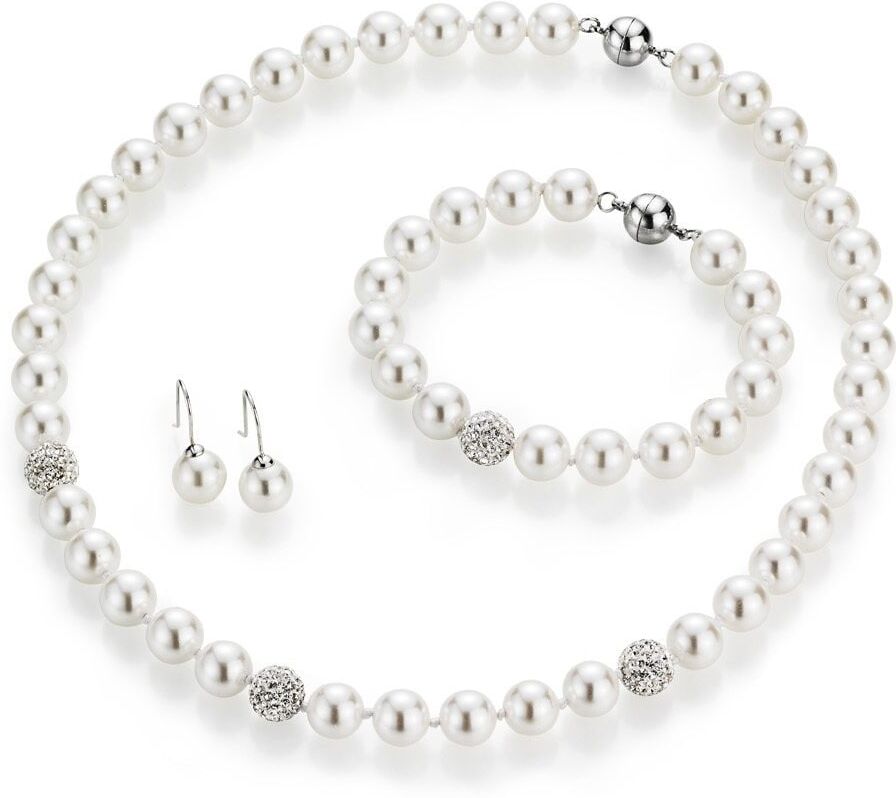 Schmuckset FIRETTI "Multipack Schmuck Geschenk Perlenkette Perlenarmband Perlenohrhaken", bunt (silberfarben, kristallweiß, weiß, kristallweiß), Schmuck_Sets, Damen, Messing, Perlen, glitzernd, glänzend, Schmuckset, mit Muschelkernperlen und Kristallstein