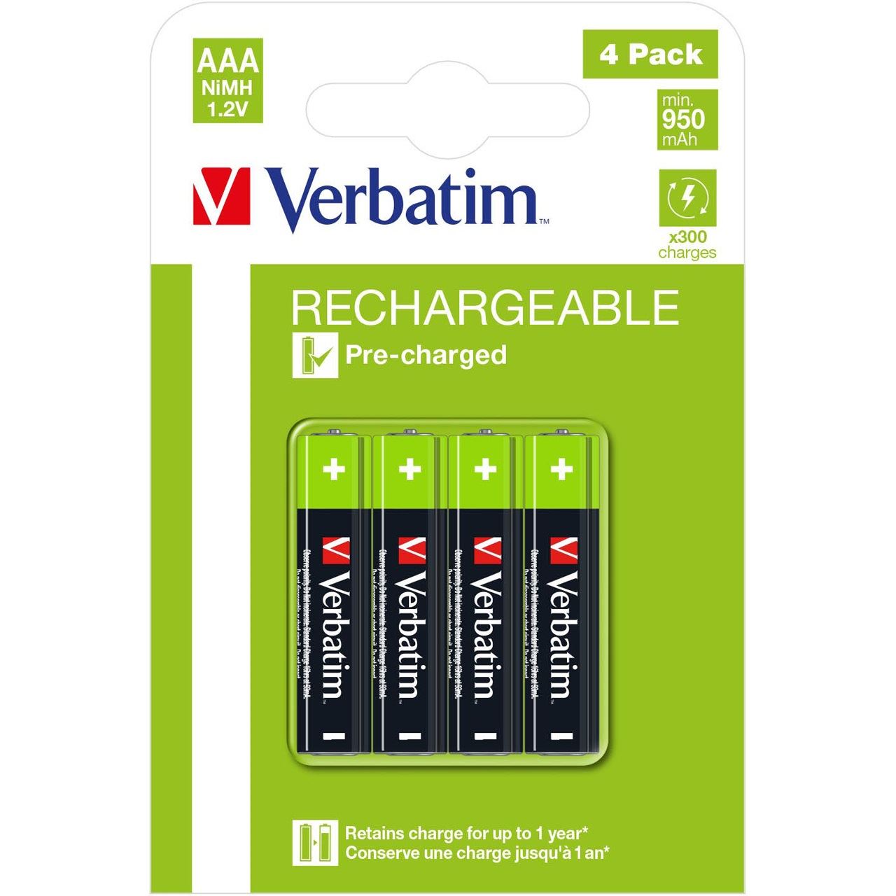 Verbatim Akku NiMH, Micro, AAA, HR03, 1.2V/1000mAh Pre-charged, Retail Blister (4-Pack)