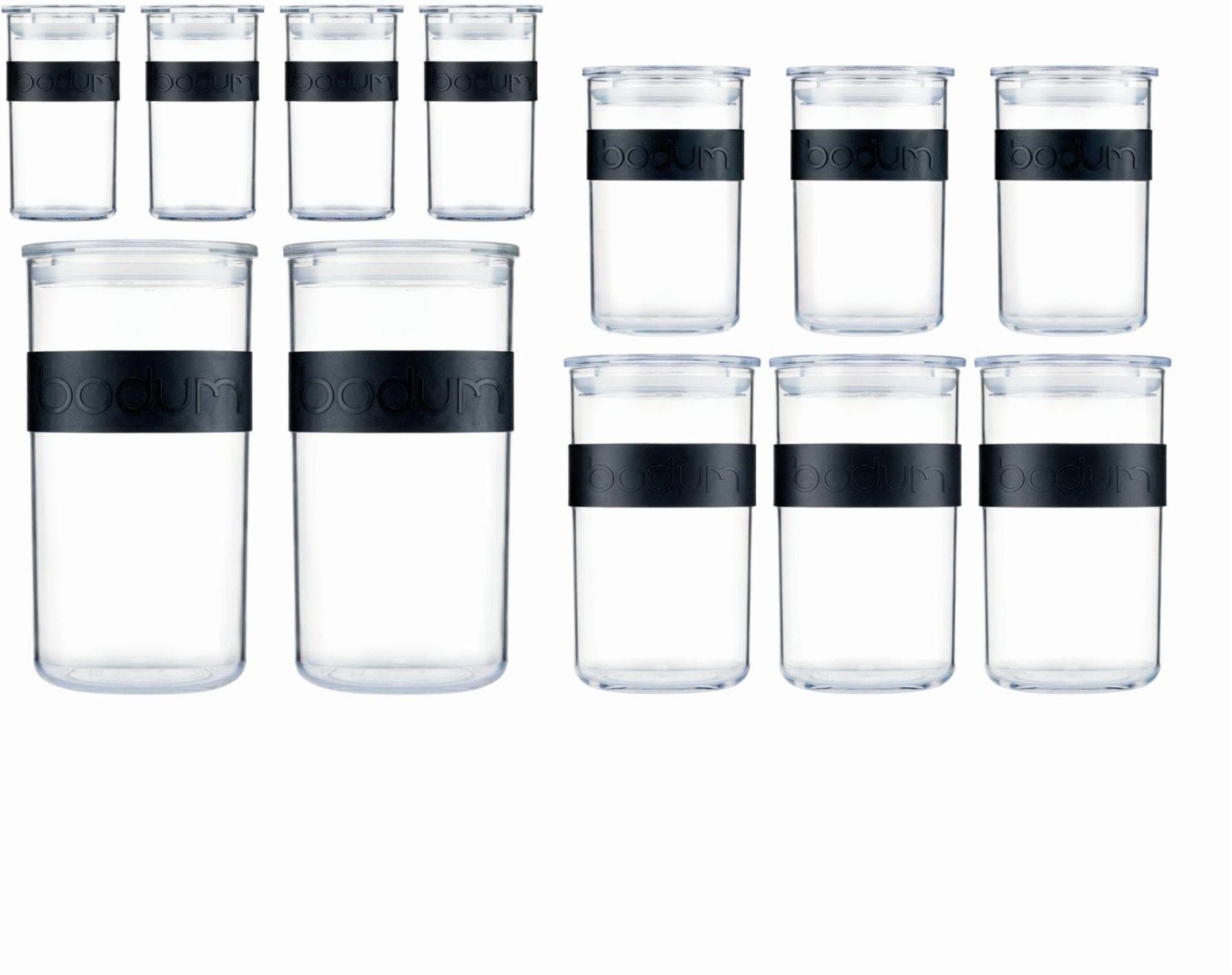 Vorratsglas BODUM "Bodum Vorratsglas Presso 12 Stück", schwarz (schwarz, transparent), Kunststoff, Lebensmittelaufbewahrungsbehälter, Vorratsglas, 0.25 l, 0.6 l, 1 l, 2 l schwarz, transparent Einheitsgröße