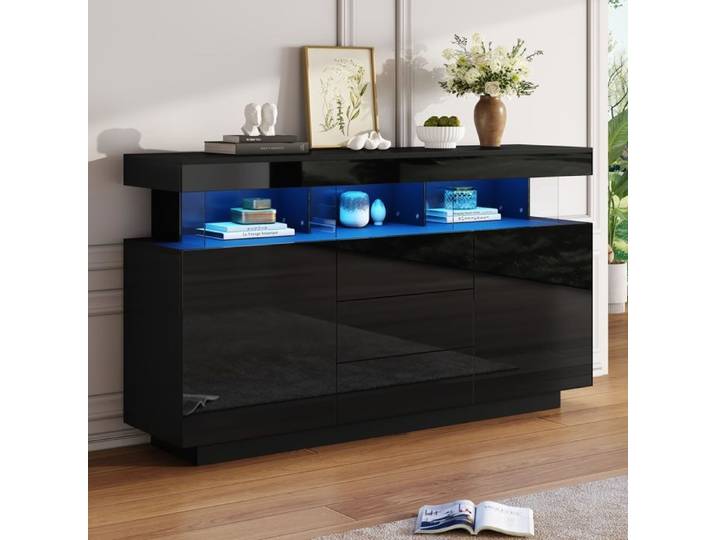 Buffet moderne 140x35x80 cm buffet laqué brillant coin café buffet en acrylique avec LED pour salle à manger cuisine noir