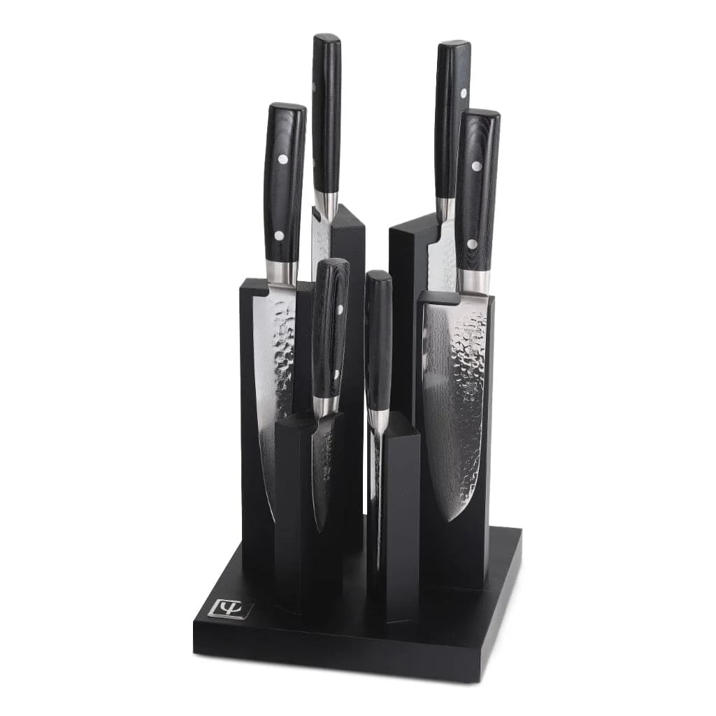 Yaxell Ran Tower 6-delige messenset met magnetisch messenblok van zwart beukenhout en santoku mes