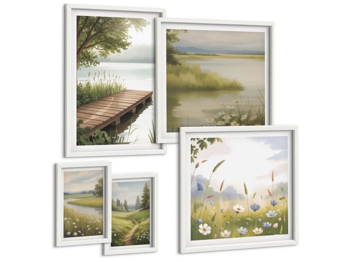 BILDER SET 5er Set - 50x50 cm & 20x30 cm & 40x60 cm Weißer Rahmen - Zitronenblumen aus der Küstenstadt