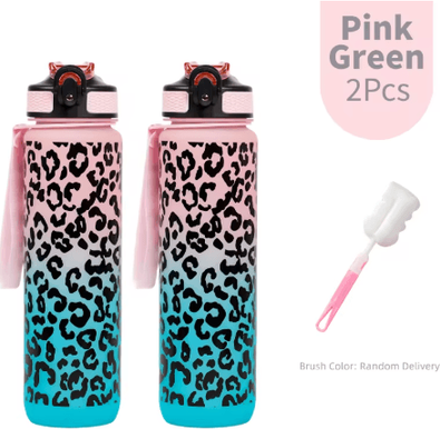 Inspire Picks 1 Liter Leopard Print Sports Water Bottle Leak Proof Large Capacity Gym And Travel Bottle pink Green 2pcs 1000ml