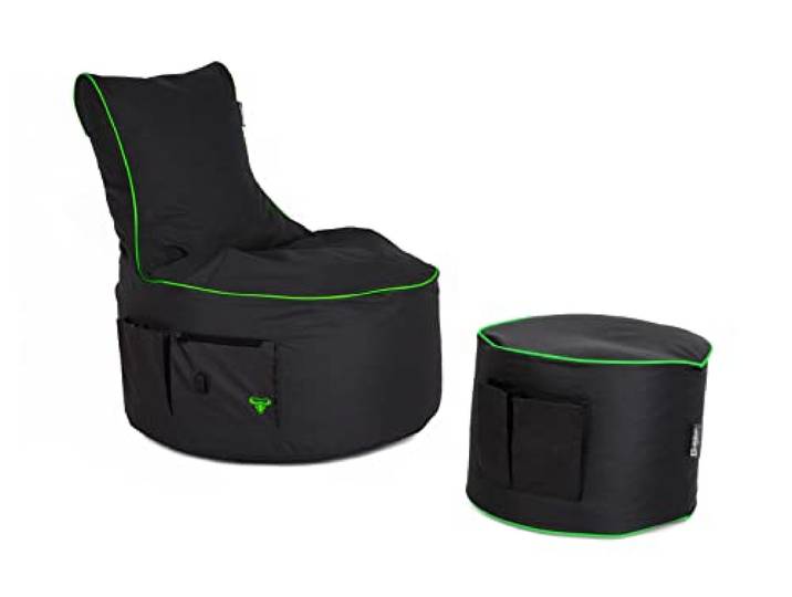 BuBiBag Gaming Sitzsack Mit Hocker für Kinder und Erwachsene - Beanbag Mit Anschluss, Halterung und Seitentasche, Outdoor - Maverick (Anthrazit-Neongrün)