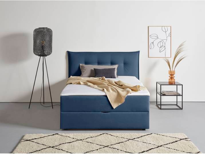 Boxspringbett, Strukturstoff, Blau, 175×213 cm, Mit Bettkasten & Topper, Skandinavisch, andas