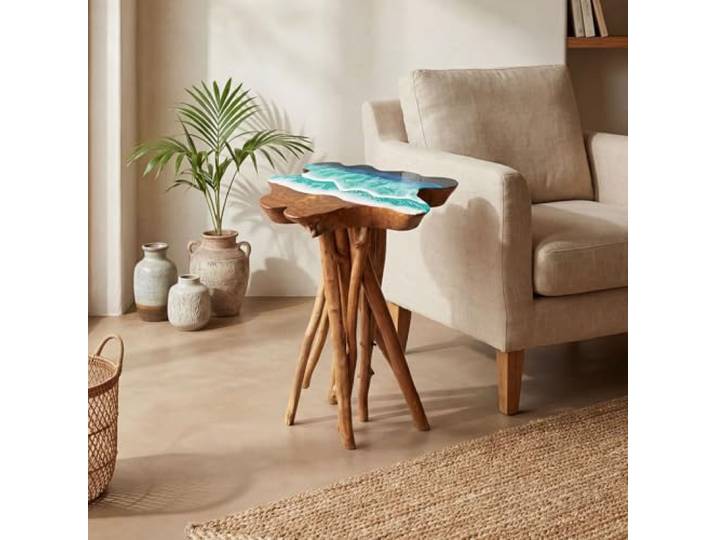 Licht-Erlebnisse Beistelltisch Teakholz B: 45 cm Baumscheibe Epoxidharz Meer Design massiv Handarbeit Unikat Bali Beistell Tisch Ablage