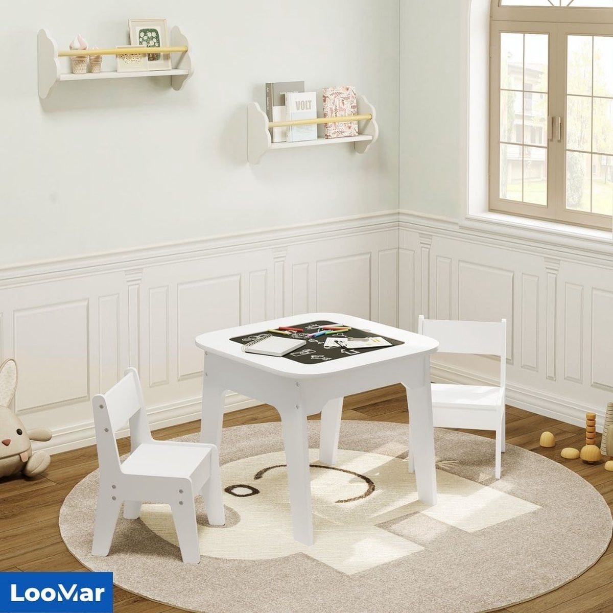 LooMar Kindertafel met 2 stoeltjes voor de kinderkamer, Breedte: 60 cm, Diepte: 49 cm, Hoogte: 60 cm