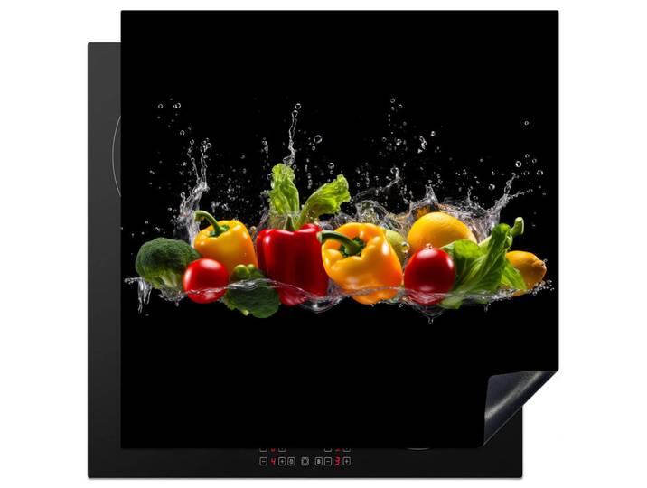 MuchoWow Herabdeckplatte - Paprika - Wasser - Gemüse - Schwarz - 78x78, Mehrfarbig, Kunststoff, Quadratisch, 78x78x0.2 cm, Geschirr, Tischkultur & Serviergeschirr, Servierplatten