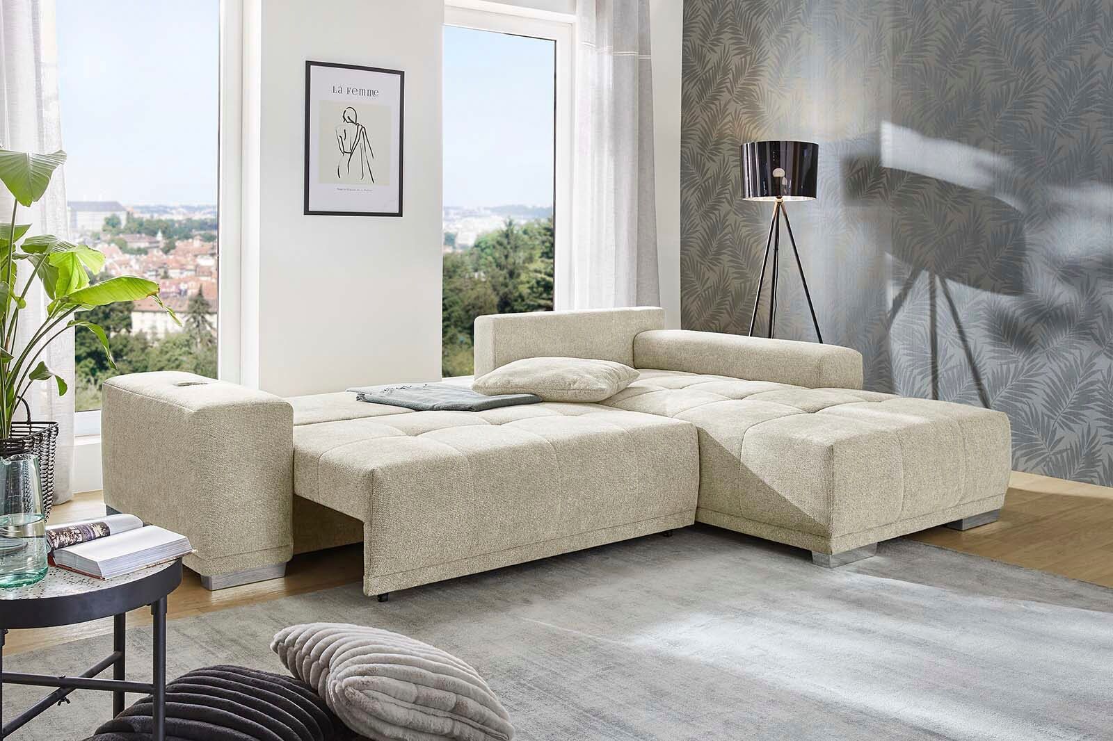 Ecksofa JOCKENHÖFER GRUPPE "Luciano L-Form, B: 282 cm", braun (braun, beige), B:282cm T:100cm, Korpus: 95% Polyester, 5% Nylon;Kissen: 95% Polyester, 5% Nylon, Sofas, Ecksofa, mit Schlaffunktion, Bettkasten, induktive Ladestation & USB-Anschluss braun, be