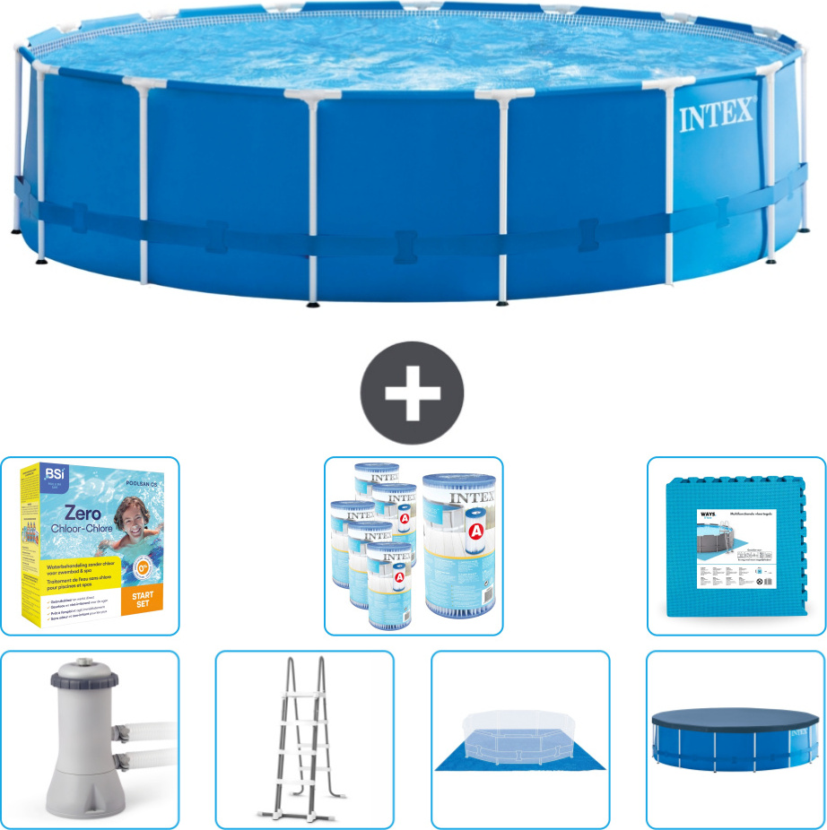 Intex Rundrahmen-Schwimmbecken - 457 x 122 cm - Blau - inklusive Pumpe - Leiter - Bodenplane - Abdeckung Wartungspaket - Filter - Bodenfliesen